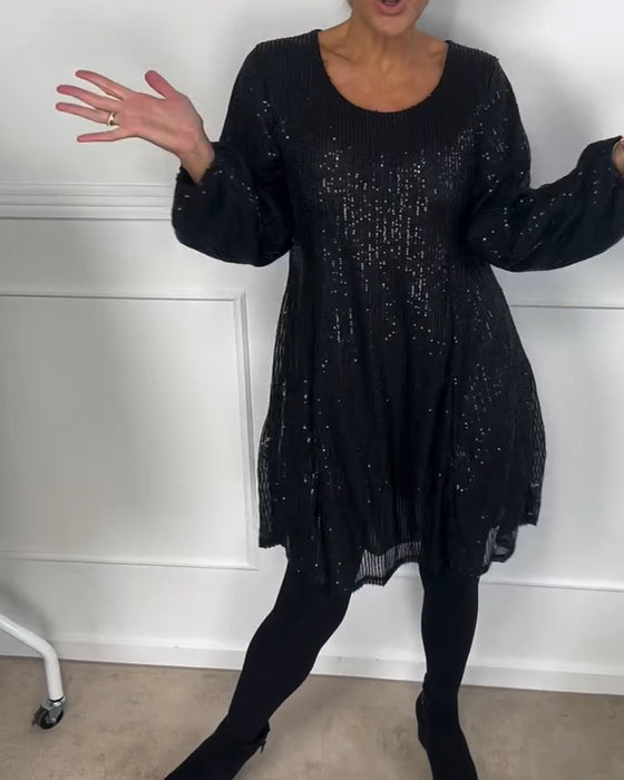 Robe trapèze élégante à manches lanternes et paillettes