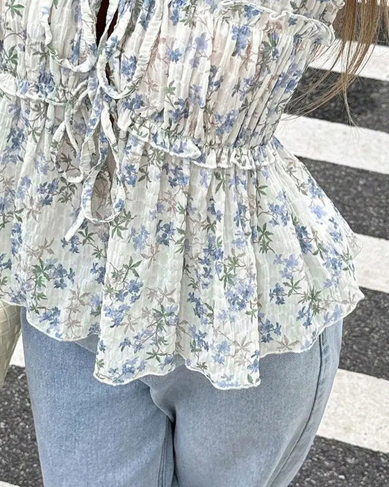 Blouse Florale Manche Volantée Col V Attache