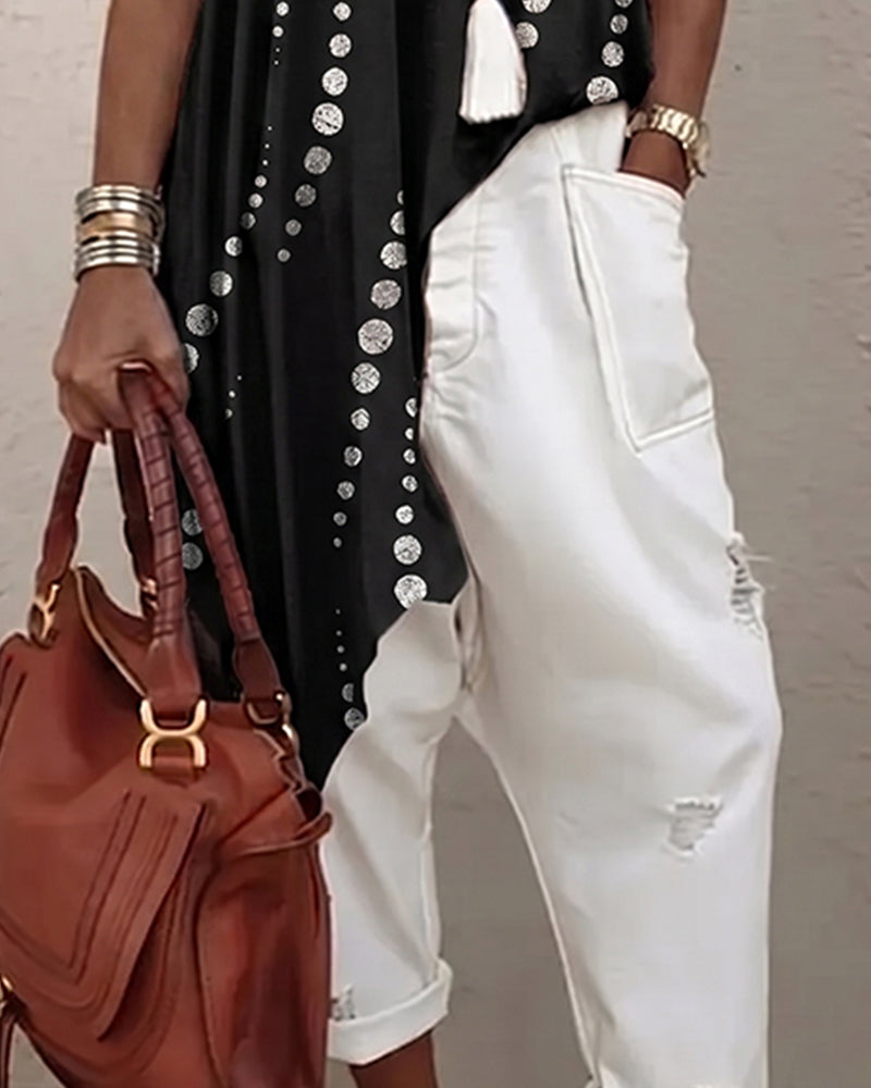 Blouse Décontractée À Pois Coupe Irrégulière