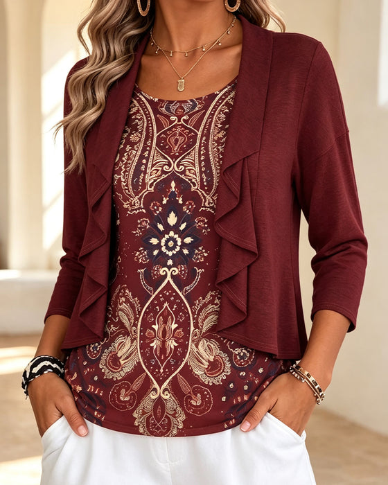 Blouse Imitation Deux Pièces Volant Imprimé