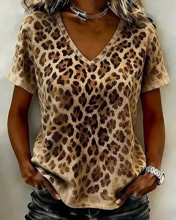 T-Shirt Col-V Léopard Imprimé Dégradé Manche-Courte