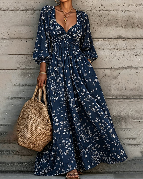 Robe Froncée Florale Manche Bouffante Jupe Ample