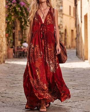 Robe Col V Léopard Bohémienne Bretelle Spaghetti Maxi