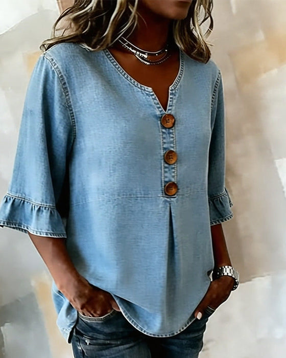 Blouse Col En V Manche Évasée Jean