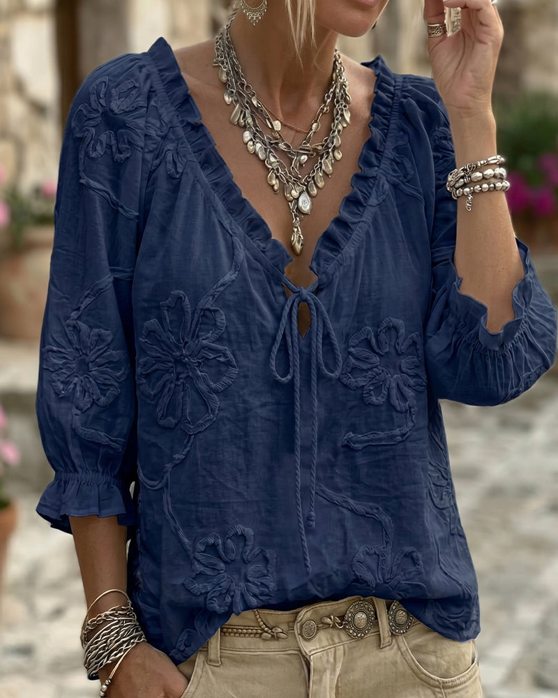 Blouse 100% Coton Col-V Enveloppante À Nœud Volantée