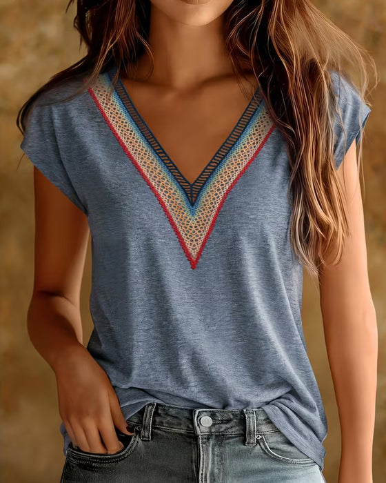 T-Shirt Patchwork Col V Dentelle Contraste