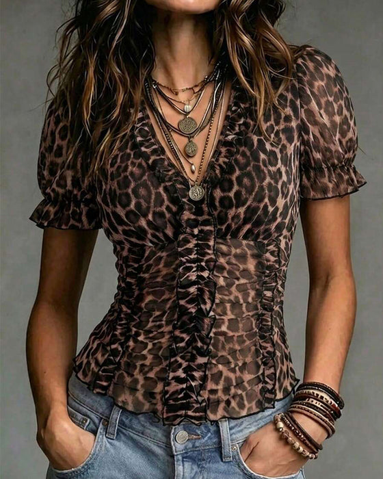 Blouse Col En V Léopard Imprimé Volant Manches Ballon