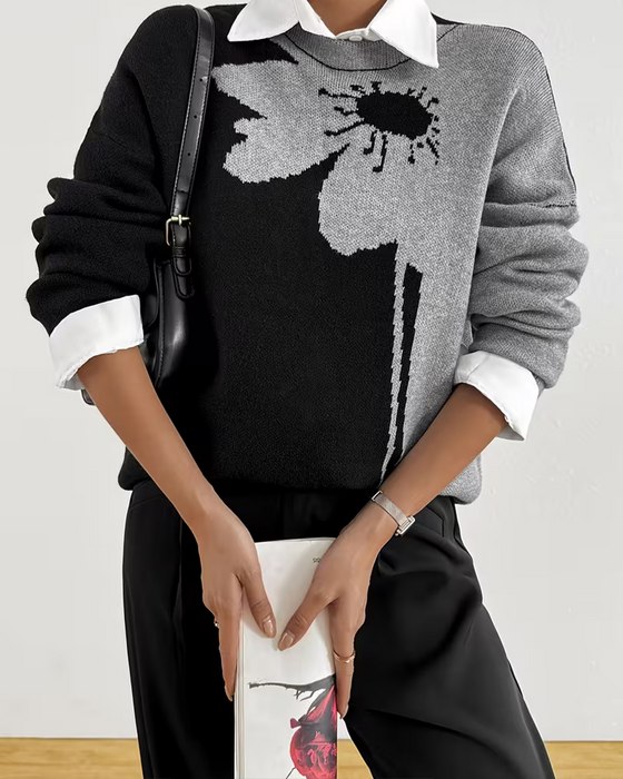Pullover Bloc-Couleur Grand Floral Jacquard Col Rond