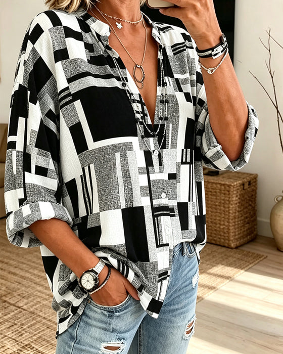 Blouse Imprimé Géométrique Col En V Décontractée