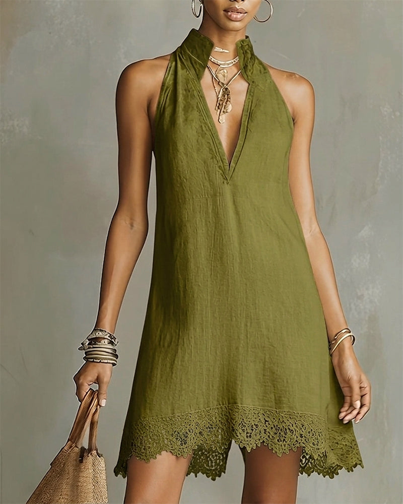 Robe Col V Dentelle Garniture Courte