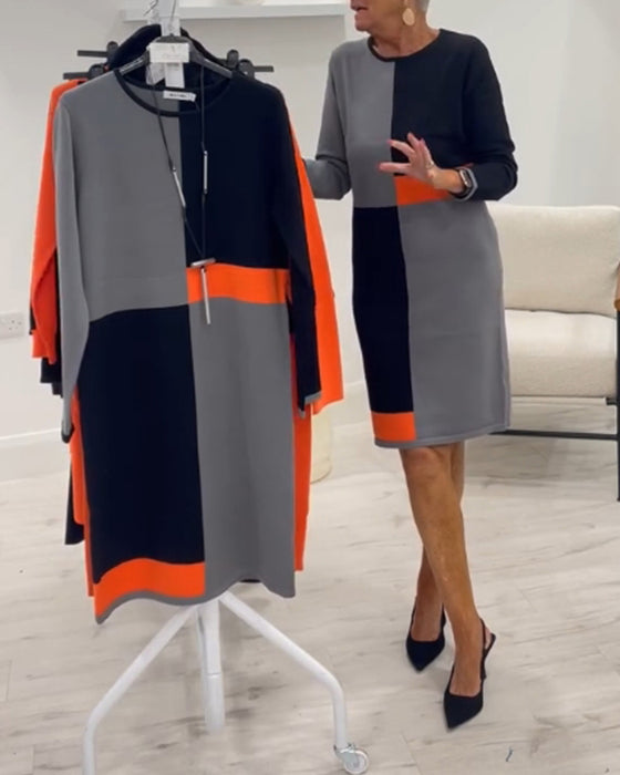Robe élégante à col rond et à quatre carrés assortis de couleurs