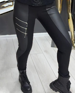 Legging PU Patchwork Fermeture Éclair Orné