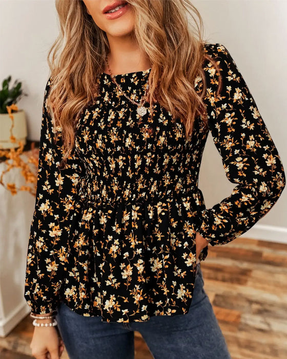Blouse Florale Froncée Manche Longue