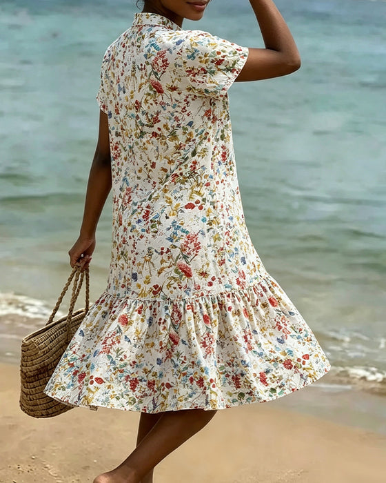 Robe Fleuri Manches Courtes Ourlet Volanté