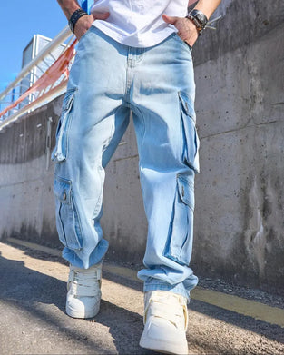Jean Homme Décontracté Solide Rabat Poche Cargo Denim