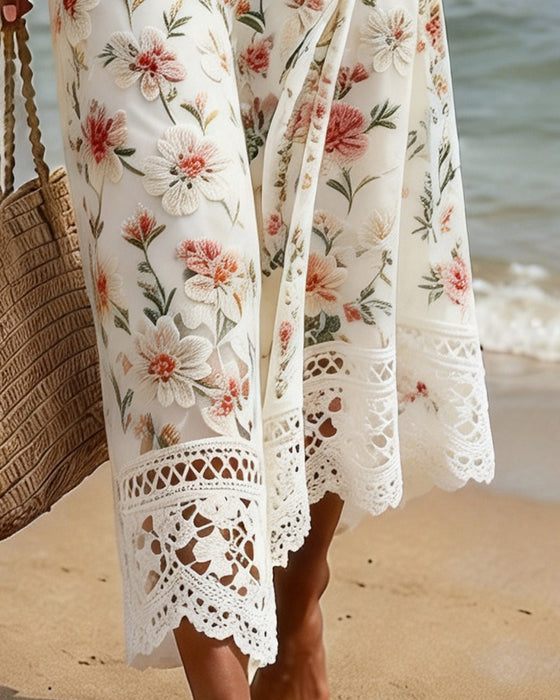 Robe Évidé Patchwork Col V Florale