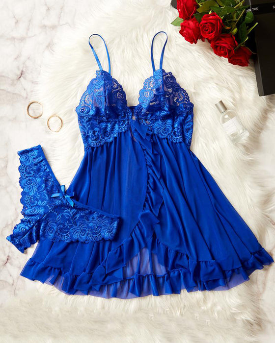 Chemise de Nuit Décolletée & Culotte Décor Nœud Set Femme Sexy Volant Dentelle