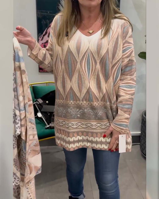 Haut Imprimé Losange Géométrique Manches Longues Col V