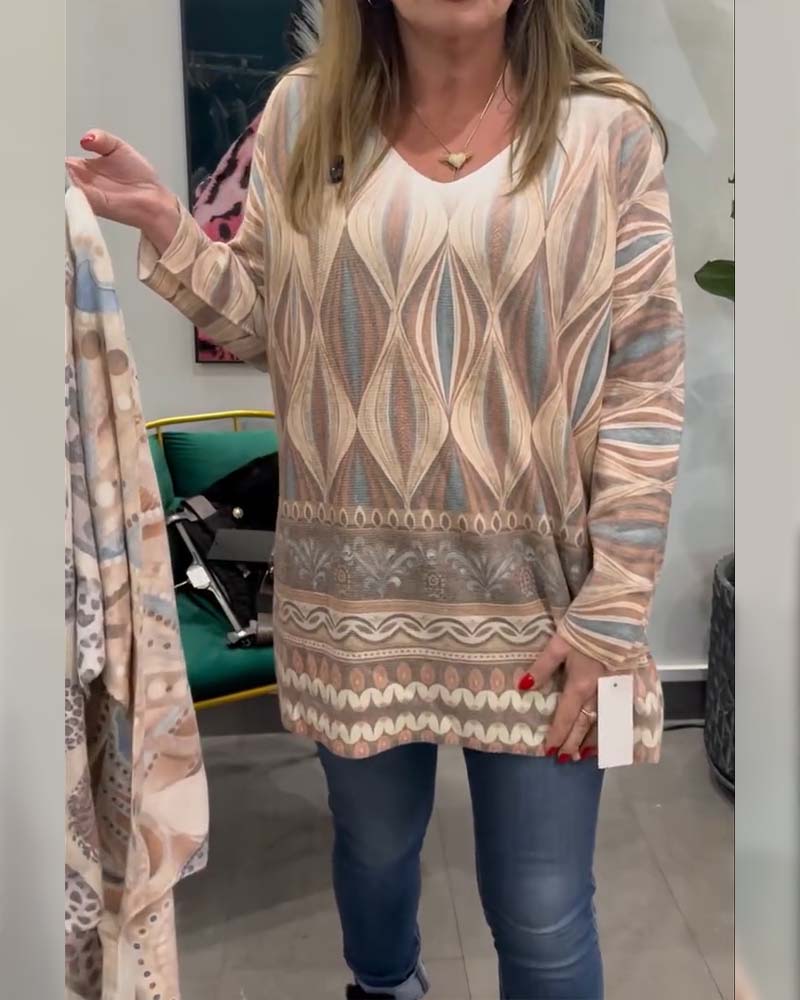 Haut Imprimé Losange Géométrique Manches Longues Col V