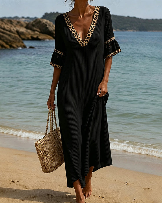 Robe Col En V Volant Léopard Patchwork