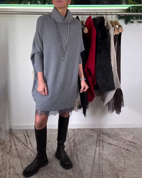 Robe Costume en Dentelle Maille avec Bretelles Col Haut Manches Chauve-Souris