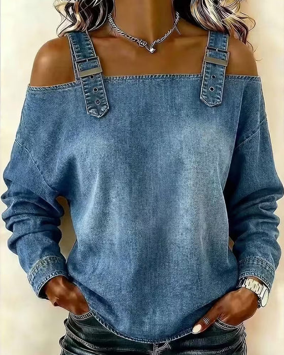 Blouse Bretelle Spaghetti Off-Shoulder Denim Bouton Métallique