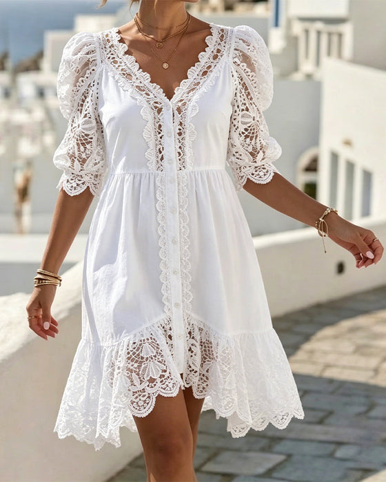 Robe Manche Bouffante Dentelle Courte