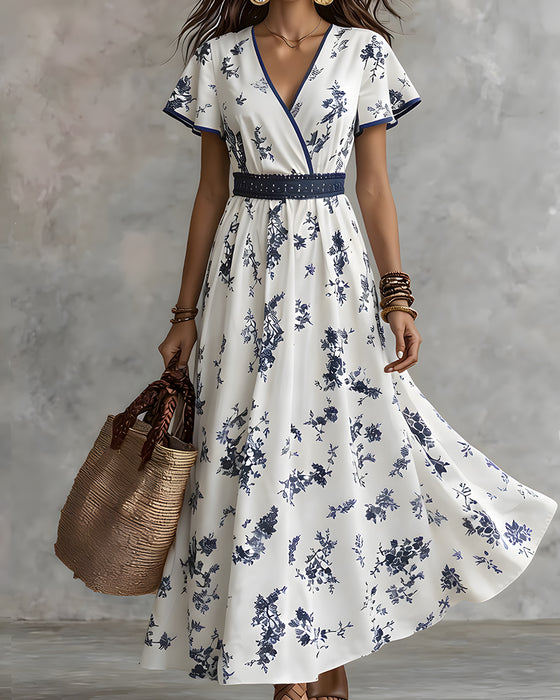 Robe Manche Volantée Col V Croisé Taille