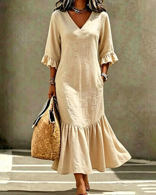 Robe Col V Poche Volant Ajusté
