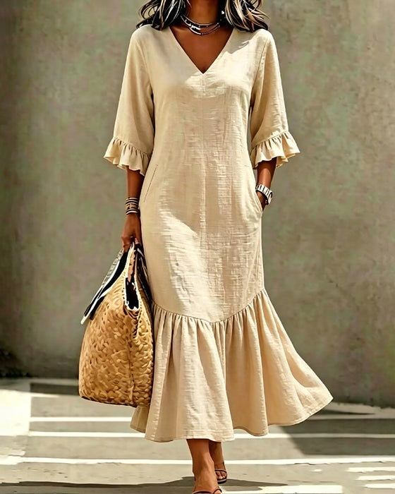 Robe Col V Poche Volant Ajusté