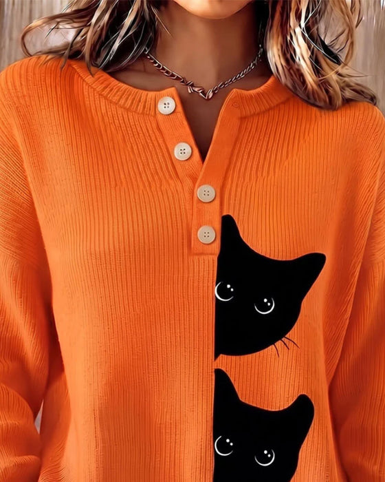 Pullover Bouton Devant Rayure Chat Contraste Tricoté