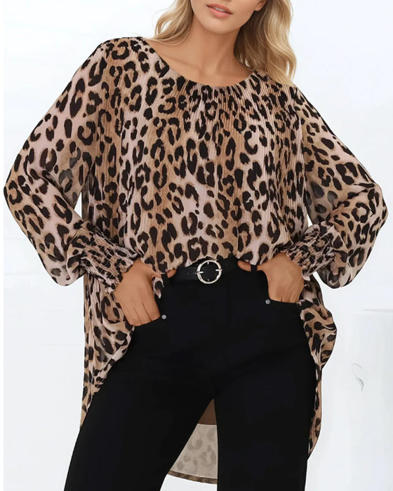 Blouse Col Rond Léopard Irrégulier Manche Lanterne