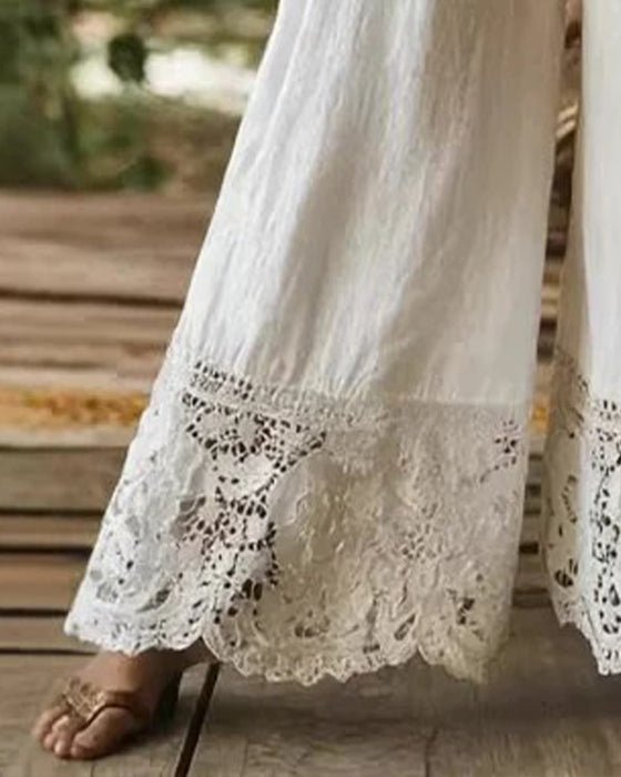 Pantalon Taille Élastique Cordon De Serrage Dentelle Patchwork Large Jambe
