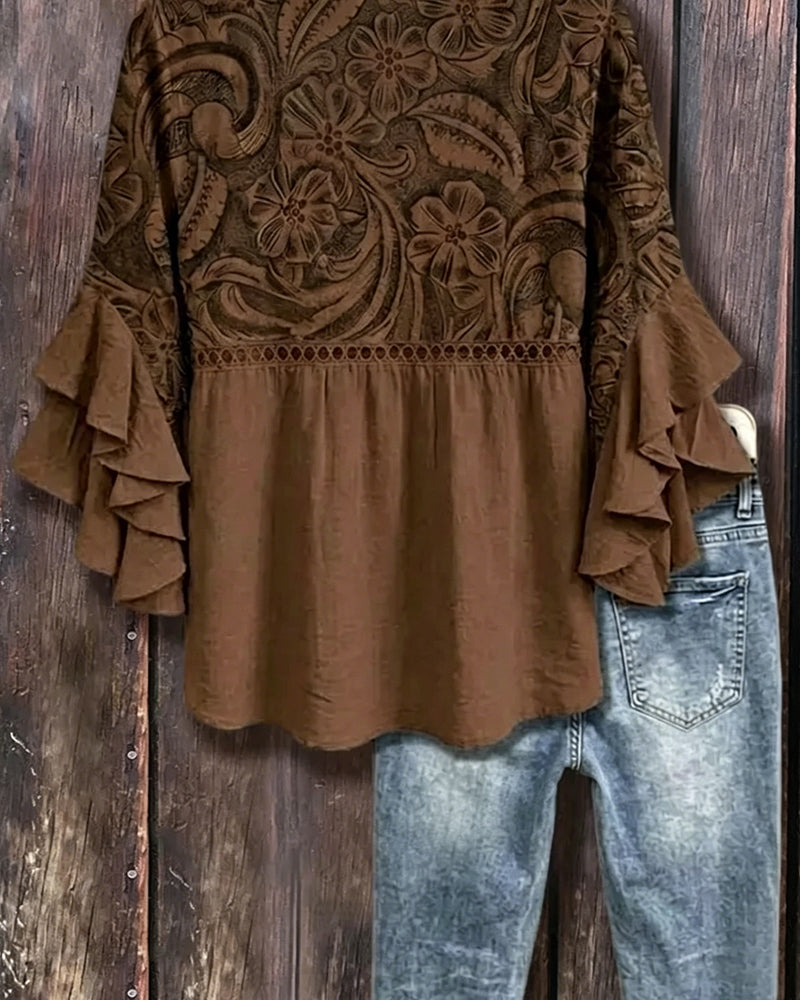 Blouse Vintage Imprimé Floral Manche Volantée Asymétrique