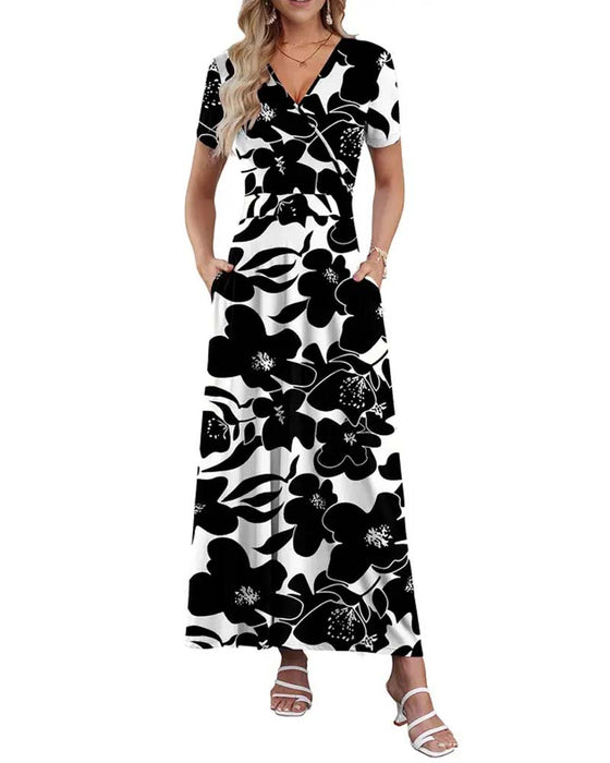 Robe Col V Imprimée À Manches Courtes