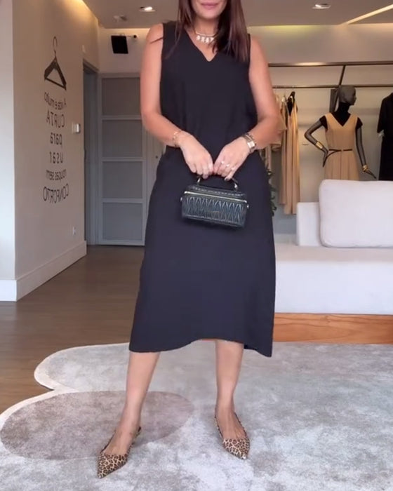 robe décontractée col en V sans manches couleur unie fendue