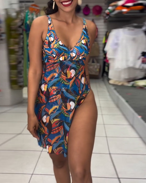 Maillot De Bain Une-Pièce Coloré Imprimé Fendu À Bretelles