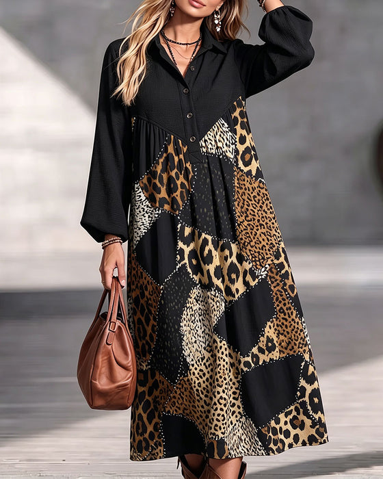 Robe Léopard Bloc De Couleur Revers Manche Longue