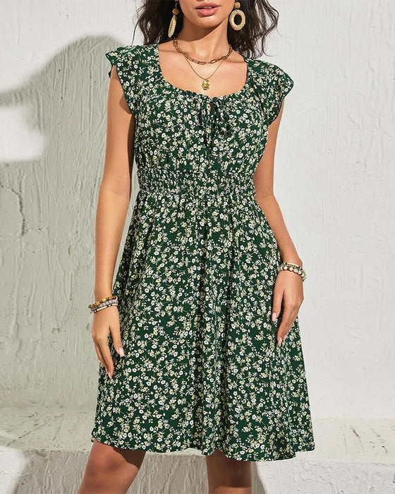Robe Col Rond Élastique Fronçage Fleuri