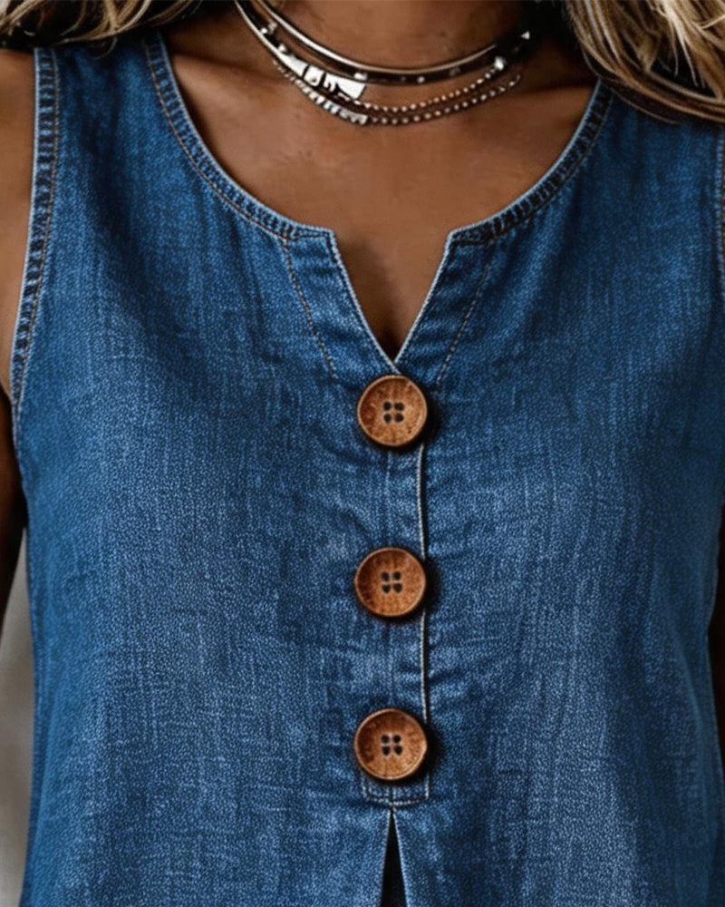 Chemisier Denim Sans Manches Boutonnage