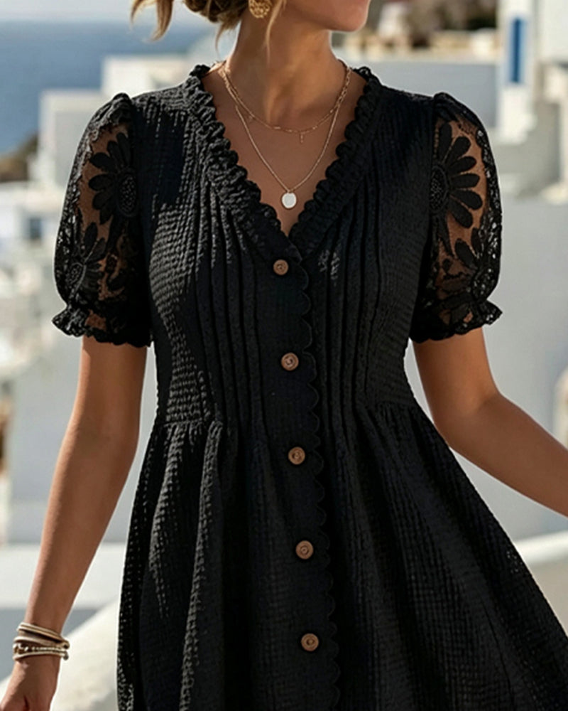 Robe Manches Ballon Tournesol Dentelle Patchwork