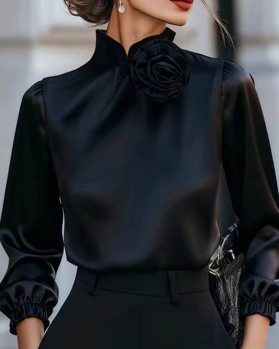 Blouse Col Roulé Rose Manche Longue