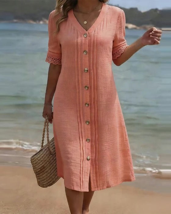 Robe Plissée Col V Bouton Dentelle Patchwork