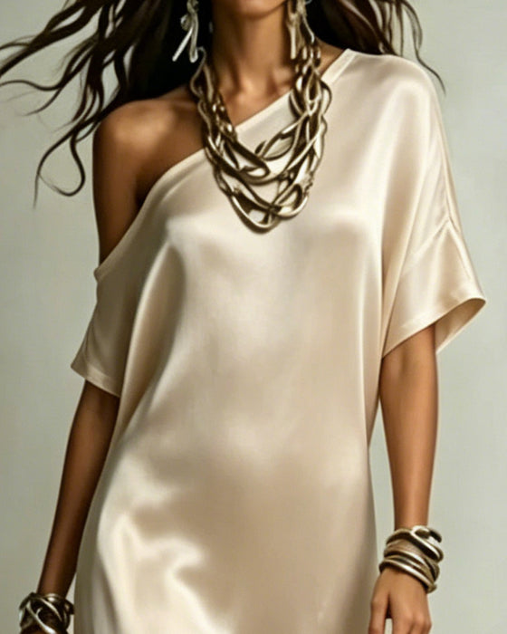 Robe Satin Une Épaule Fente Maxi
