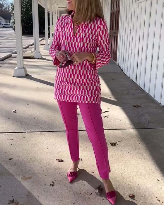 Haut imprimé à col montant et manches neuf-quarts