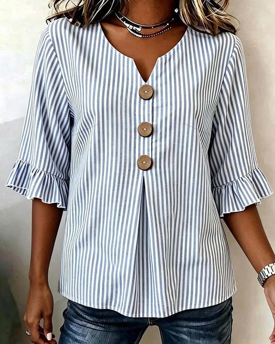Blouse Mini Col V Volant Rayure Bouton
