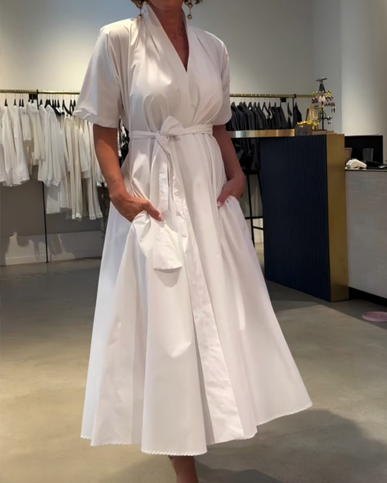 Robe Col En V Attacher Taille Jupe Ample