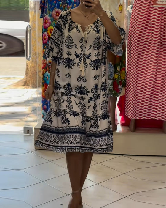 Robe Col Rond Imprimée Manches Courtes Trompette