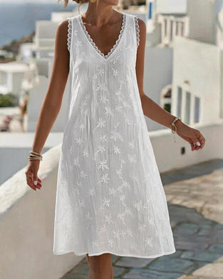 Robe Col V Sans Manches Dentelle Patchwork Broderie