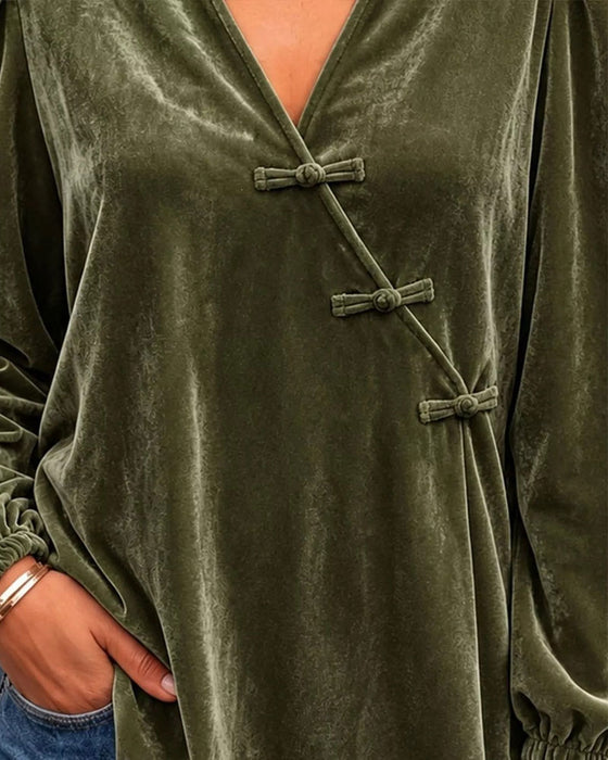 Blouse Col En V Bouton Devant Croisé Manches Ballon